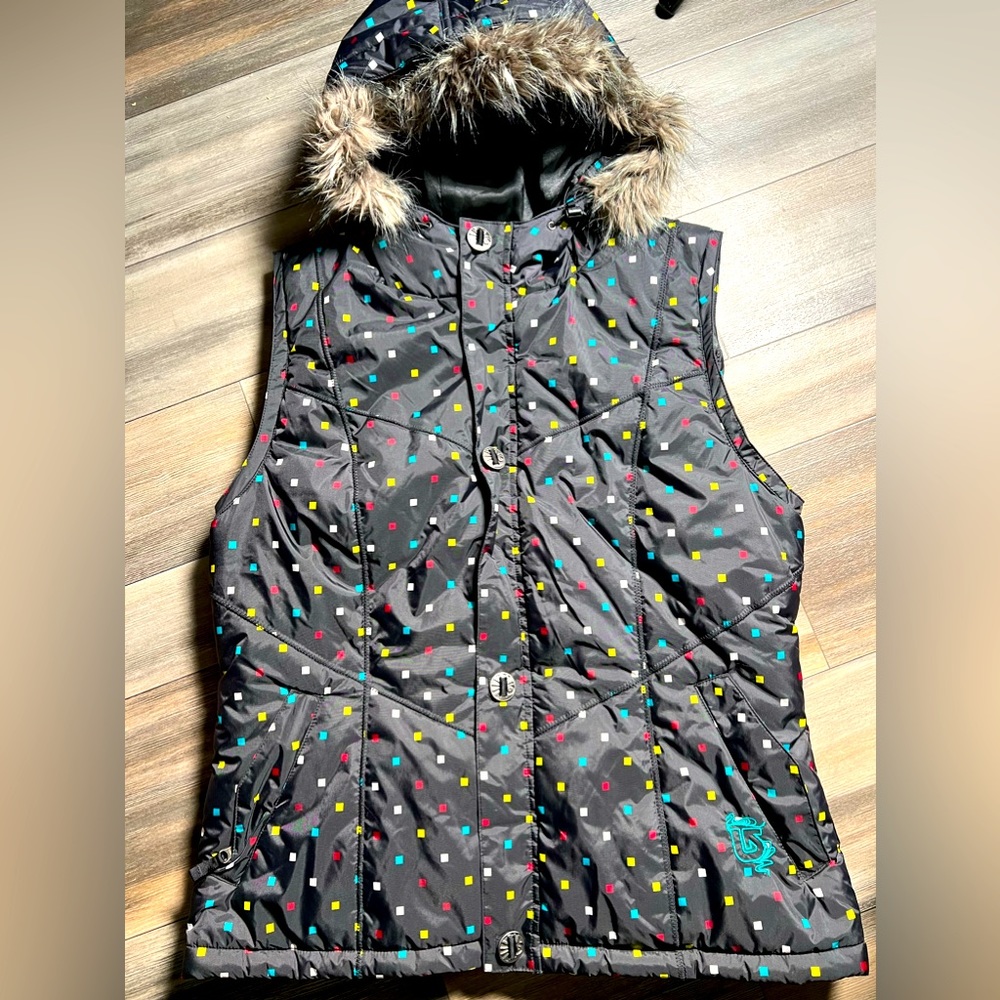 Burton Black Quilted Hooded Vest with Multi-Color Dot Print and Faux Fur Trim